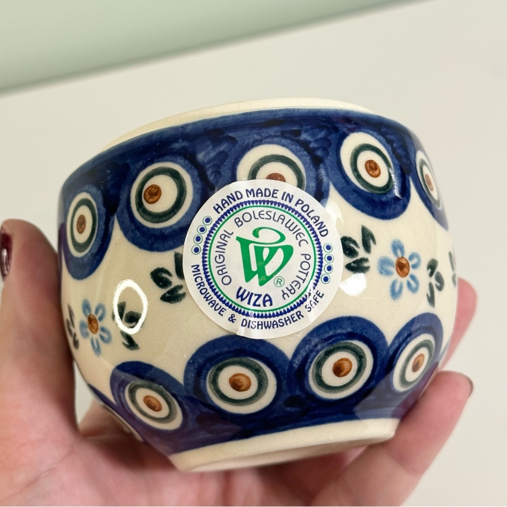 Boleslawiec Polish Pottery Easter Egg Container Candy 5” Handmade White Blue - Picture 9 of 10